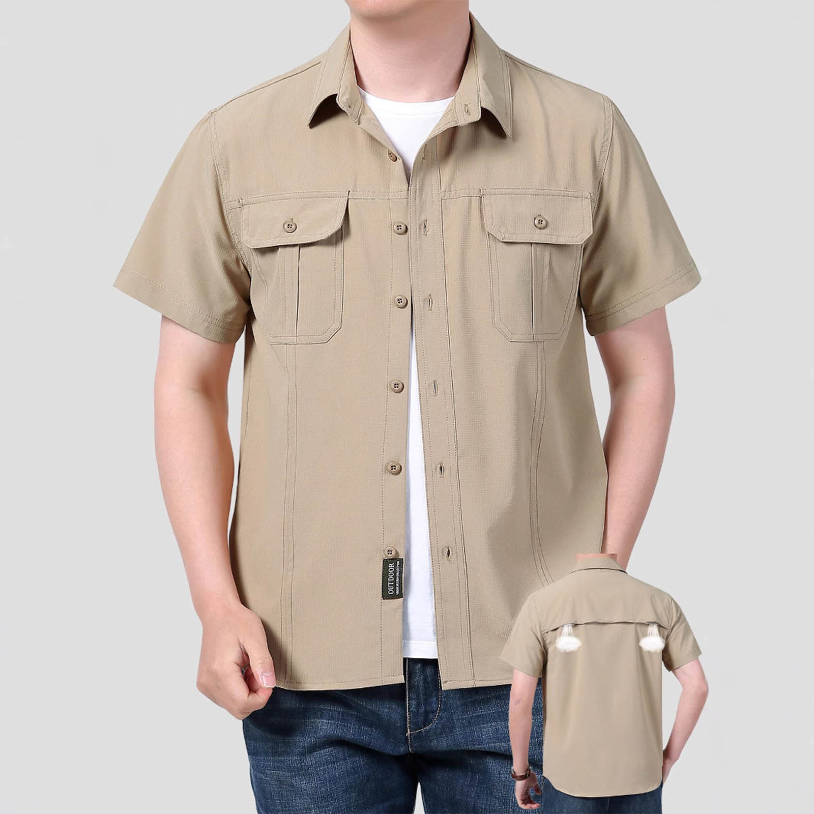 thumbnail image 2 of Camisa de manga corta para hombre - Informal, holgada, lisa - Ropa de trabajo de secado rápido - Verano - Bolsillos utilitarios - Poliéster, 2 of 5